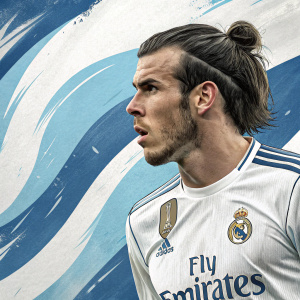 Digital artwork featuring Gareth Bale. Close-up of the Welsh footballer in a Real Madrid jersey. Abstract background with blue and white swirls.