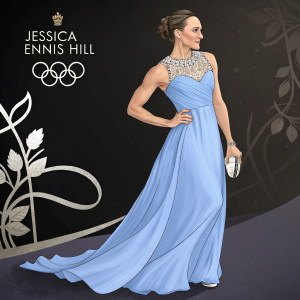 Jessica Ennis-Hill in a stunning blue dress with delicate neckline and jeweled accessory. Black background with elegant event logos