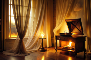 "Create a dreamy and cozy room with a fireplace casting a warm glow, elegant drapes billowing in the gentle breeze, and a vintage record player softly playing a romantic melody. Infuse the scene with a sense of classic romance."

