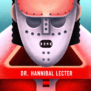 8-bit pixel art illustration of Hannibal Lecter. Blue background. Character's face in close-up. 'Dr. Hannibal Lecter' text in bold font beneath the image.