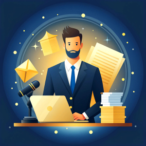 Lawyer online concept. Young guy with documents evaluates webpage for plagiarism. Protection of rights and legal support, court. Poster or banner for website. Cartoon flat vector illustration