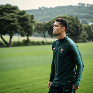 Cristiano Ronaldo in a candid photo session. Sportswear, intense gaze, green field background.