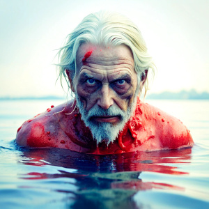 a old zombi man, with white hair, open wounds, comming out of red bloody water, close up photo