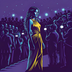 Shay Mitchell at Cannes Film Festival. Wearing a yellow sequined dress. Crowds and flashing cameras in the background.