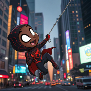 Miles Morales, in cute chibi form, swinging through the streets of New York City in Spider-Verse.