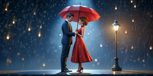 Beautiful couple in the ambarella to celebrate valentine day in the rainy night 