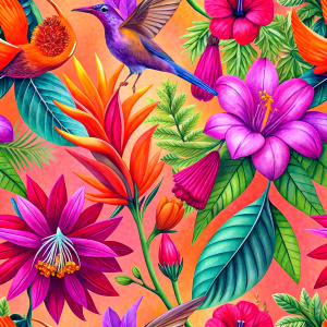 exotic tumeric  craft paper with  purple -red  birds and yellow exotic flowers  and wild wlowers ,orange sweet paes, lila lupine