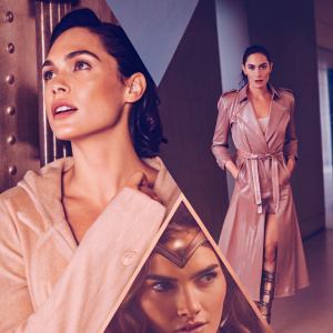 A dynamic collage featuring Gal Gadot in various looks, from casual to glamorous, with close-up facial shots and Wonder Woman transformations. Dark backdrop with metallic accents
