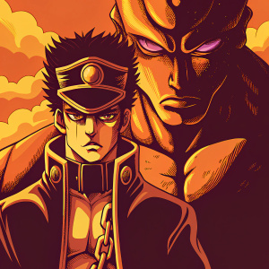 JoJo's Bizarre Adventure illustration. Jotaro Kujo, determined face, spiky hair, and stylish outfit. Polnareff, demon-like creature with purple eyes. Background is vibrant, cartoony.
