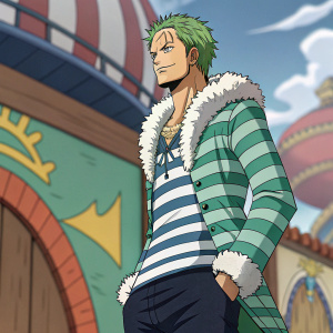 Roronoa Zoro from the One Piece series. Striped shirt and fluffy collar. Colorful background with detailed artwork