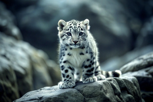 Single snow leopard cub prowling on rocky surface, 4k