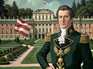 Duque del gran imperio austriaco 1800, y atrás un palacio y una bandera Gigante que tenga las letras SIG