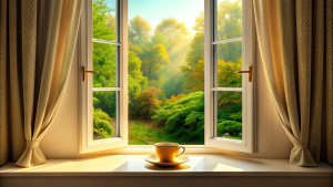 just window open curtain coffee