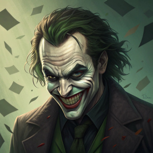 Close-up of the Joker's face. Muted green background, angular shapes, menacing grin.