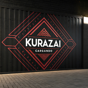 Digital artwork featuring Kurazai logo in bold geometric design. Black backdrop. Subtle 'CARGANDO' text in contrasting color.