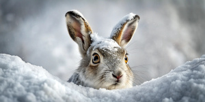 UK, Scotland, Mountain Hare hiding in snow