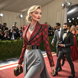 Elsa Hosk at the annual Met Gala, wearing a bold plaid blazer and a sleek gray skirt. Surrounded by celebrities and paparazzi in the bustling New York City venue.