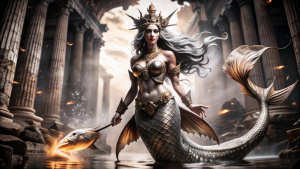MITOLOGÍA GRIEGA ANTIGUA MÁGICA OSCURA: diosa marina reyna mujer ceto, en las oscuras profundidades del mar con cola de pez, terror, oscuridad, ruinas bajo el mar y la oscuridad