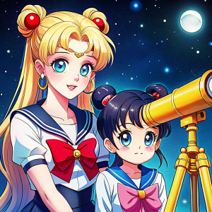 sailor moon and her daughter sailor chibi moon, both with purple-hazel eyes standing next to a telescope staring at a starry sky.