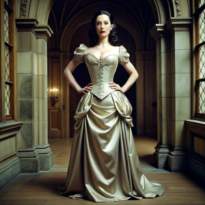 40 yo attractive brunette in period correct Victorian satin dress. Extremely slim waist and massive pushed up bosom spilling over. Glossy dark red lipstick. At entrance hall of Carlton Towers. Full body back view