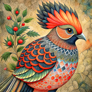 drawing of a bird whose body is decorated with floral patterns