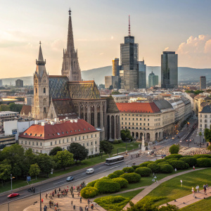 Stephansdom cathedral in Vienna, Austria. Picture of a modern city skyline with skyscrapers, parks, and busy streets