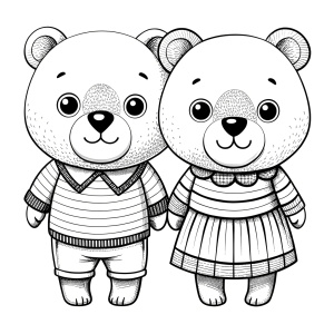 black and white line art, couple bear cute, black and white only, vector style, for coloring book page