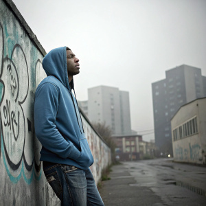Khris Davis, wearing a blue hoodie and jeans, stands by a graffiti wall. Dull cityscape background.