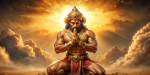 A dramatic, high-contrast, cinematic photo of a powerful, muscular Hanuman Ji in a heroic pose, knees bent and arms raised in devotion, with eyes closed and hands clasped together in prayer, set against a warm, golden-brown background with subtle, gradient-like clouds, as if illuminated by a divine light, with the faint, yet distinct, silhouette of Ram Ji's profile cast as a shadow on the wall behind him, with intricate, defined facial features, prominent facial lines, and a strong, chiseled jaw