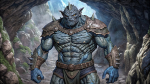 Un monstre avec une armure, très musclé, dans une grotte, les traits sont très bien détaillés et réalistes