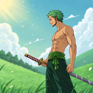 Roronoa Zoro from One Piece standing in a vibrant digital landscape. He's shirtless, with muscular build, holding a unique sword design. Short spiky green hair. The scene features a bright, sunny day with lush greenery.