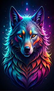 A minimalis design with a vintage touch, featuring a cool, and stylish anime wolf silhouette in faded, awesome and bright colors.  show the design on dark black background