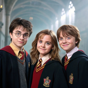 Young actors from the Harry Potter series posing for a group photo. Harry, Hermione, and Ron in their iconic Hogwarts uniforms. The background is a blurred version of the Great Hall.