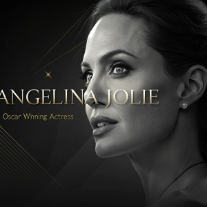 Close-up of Angelina Jolie on a film promotion website. Dark theme with text mentioning 'Oscar-winning actress'.
