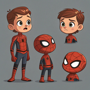 Cartoony Spider-Man characters, varying styles and expressions. Digital art, brown and red palette. Grey backdrop