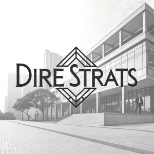 The reimagined Dire Straits logo features the text 'DIRE STRATS' in sleek, black, geometric lettering on a crisp white background. The minimalist design emphasizes a modern edge, with bold angles and sharp lines that create a striking visual impact.