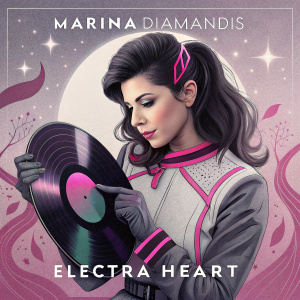 Marina Diamandis, singer, holding a vinyl record of her album 'Electra Heart'. Neon pink and grey tones. Modern and artistic aesthetic