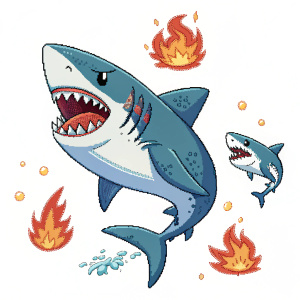 Cartoony shark tank design. Pixel art style. Plain white background. Sharp facial features. Fire-like elements