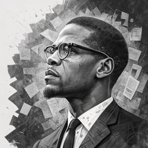 Digital artwork featuring Malcolm X. Black and white collage with layered textures and fragmented shapes.
