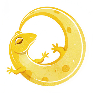 A yellow gecko on a white background lies in a crescent top view