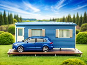 Blue car mobile home realistic detail photography 
