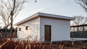 architectural photography, low angle shot, minimal modern small white building that has one door in Seoul, long exposure, sunrise