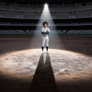 Francisco Lindor, with curly hair and determined look, dressed in a Yankees jersey. Standing alone in a spotlight on an empty field.