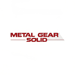 A sleek, minimalist logo for Metal Gear Solid featuring bold, red sans-serif text against a white backdrop. The text is centered and takes up most of the image space, emphasizing a tactical, action-oriented theme with a uniform color scheme.