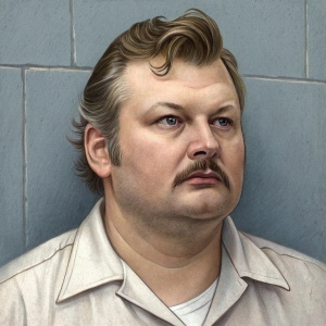 John Wayne Gacy mugshot. Caucasian man with broad face, mustache, and wavy hair. Plain shirt. Solid grey wall background.