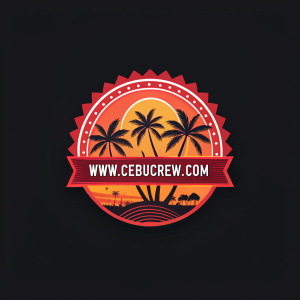 A vibrant digital logo design for Cebu Crew. Dominated by red and orange hues against a stark black background. Includes website address