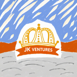 Luxurious logo for JK Ventures featuring a majestic crown adorned with intricate lines symbolizing leadership. Below, the name JK Ventures is elegantly scripted.