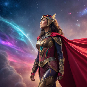 Digital illustration. Angel Locsin as Darna, detailed superhero costume. Background: cosmic nebula