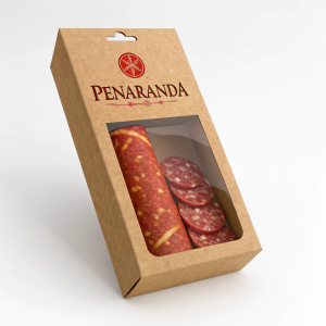 3D render of a chorizo salami packaging. Brown cardboard box with clear plastic window. Brand name 'Penaranda' at top in bold letters.