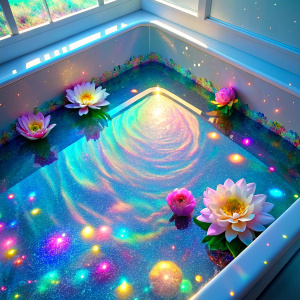 cool effect bathroom  tub with water flowers ultra glitter  Interaction Design Dreamscape light  pastel sunset   Photoshop Photo Manipulations      very much glitter sparkly ultra intense crystal effect fantasized glam Sprinkle Shimmering Bioluminescent fairytale masterpiece  Magical   Shimmering   Ultra Holographic liquid Patent Spandex Vinyl iridescence UV Glow Rainbow